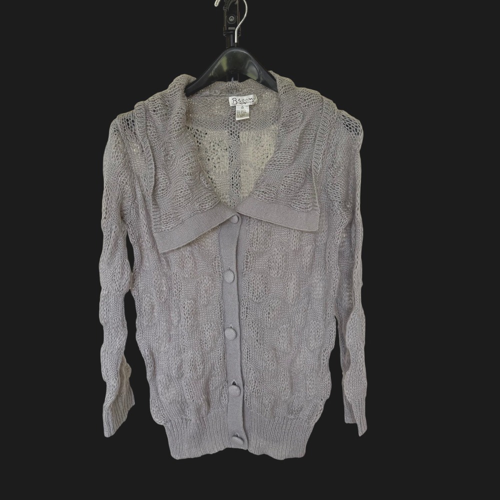 Bloom Grey Open Knit Pointelle Cardigan Sweater Oversized Collar Medium